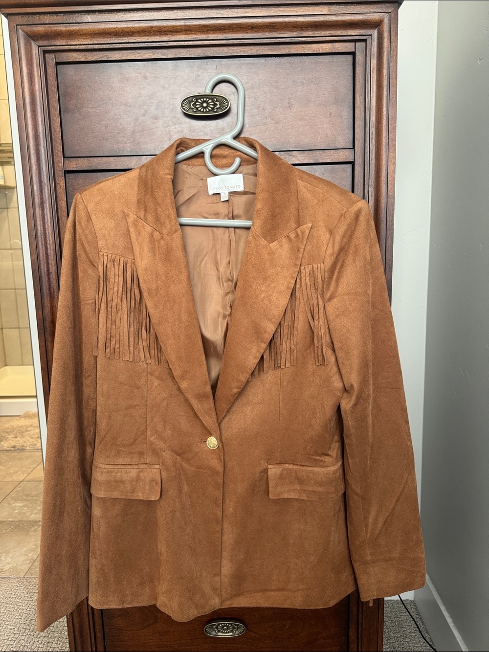 Flying Tomato faux suede cognac fringe jacket blazer size small